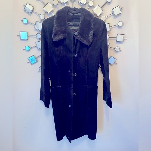 Oscar Leopold Black Suede Leather with  Faux Fur Collar Coat size Small - Picture 7 of 13